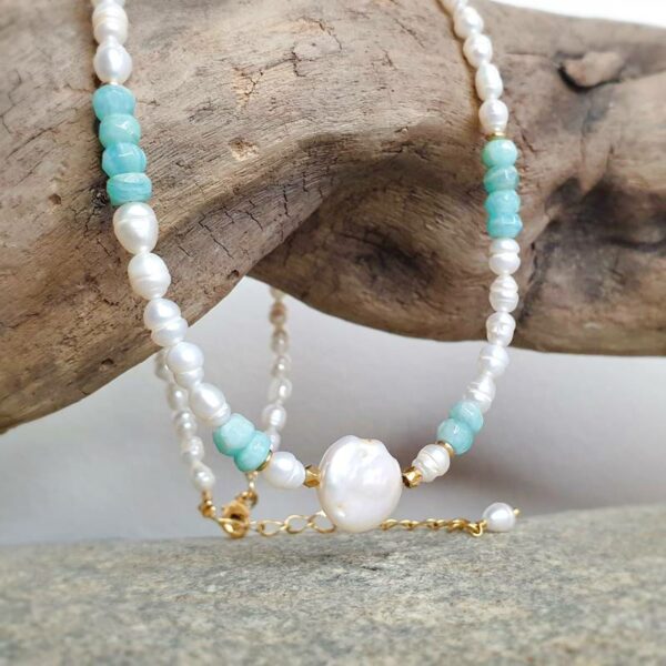 Collier en perles de culture et amazonite YLANG