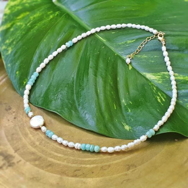 Collier en perles de culture et amazonite YLANG